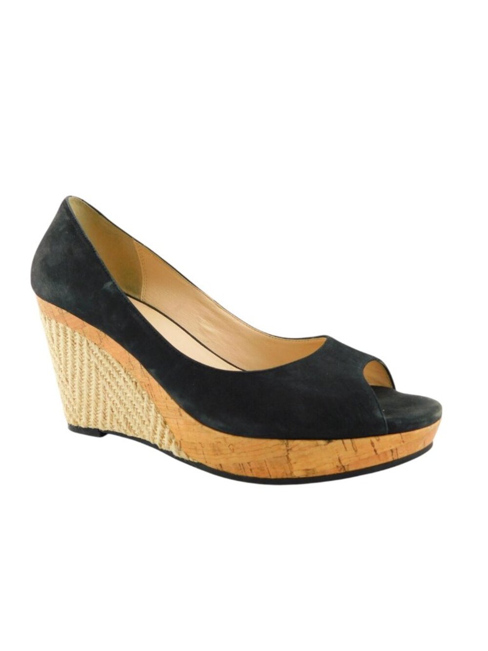 COLE HAAN Black Nubuck Leather Open Toe Espadrille Cork Wedge Heel Pumps 9